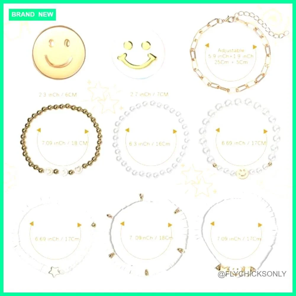 7 Piece Stretch Charm Bracelet Set Smiley Heart Star Beads Girls Teens